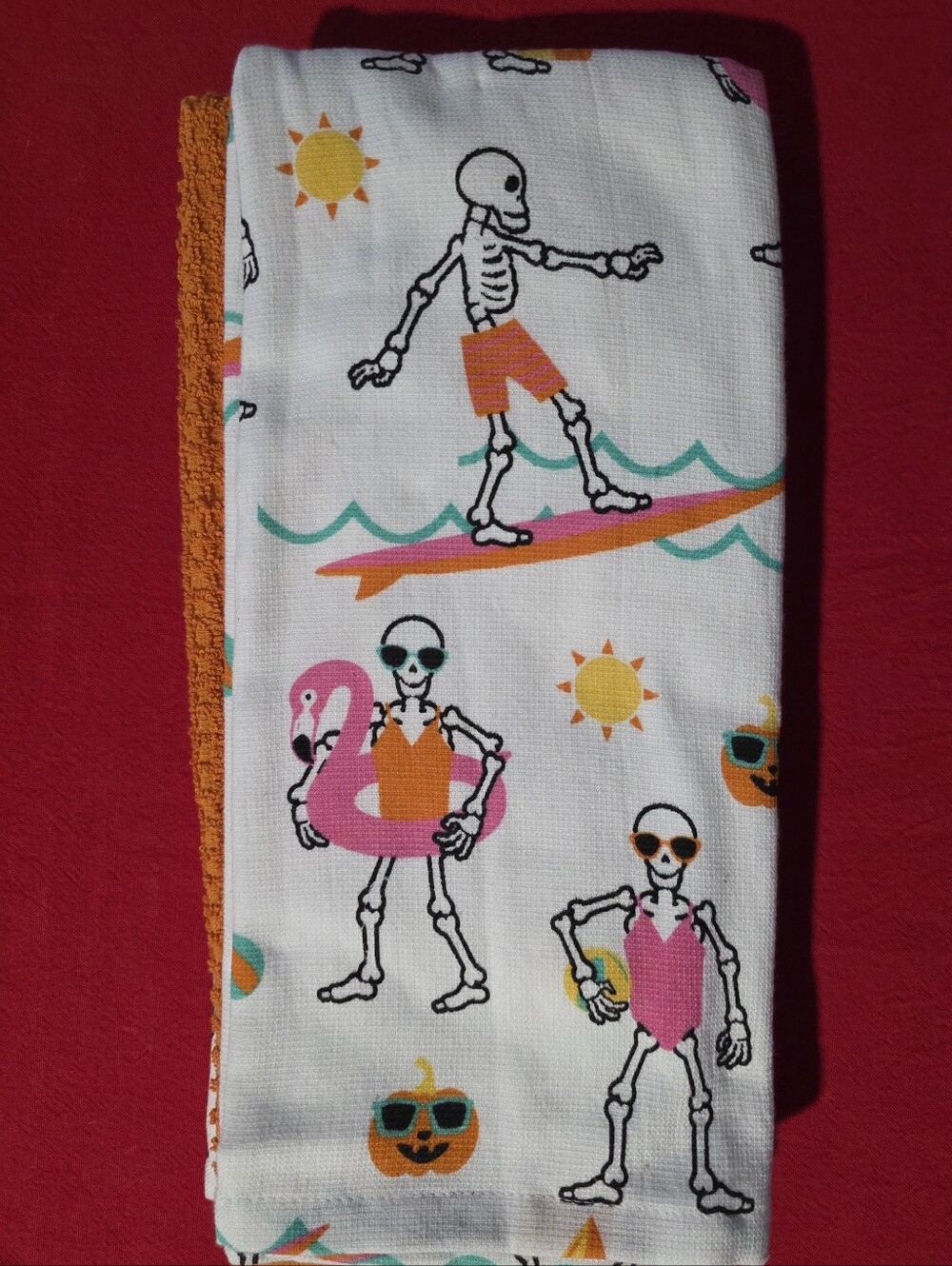 3 Pk- Skeleton Beach Print Cotton Towel Set- White, Pink, Orange